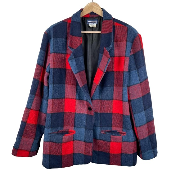90s Plaid Wool Blazer Shacket Shirt Jacket Coat Blue Red Academia Preppy Size L - Picture 1 of 8